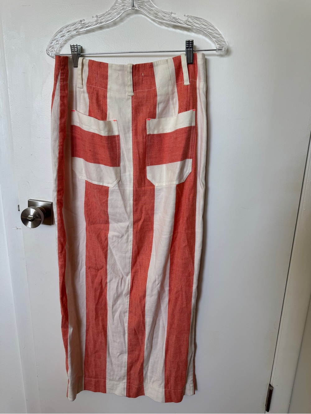 Coral and White Vertical-Stripe Midi Skirt with Front Slit - Picture 3 of 4